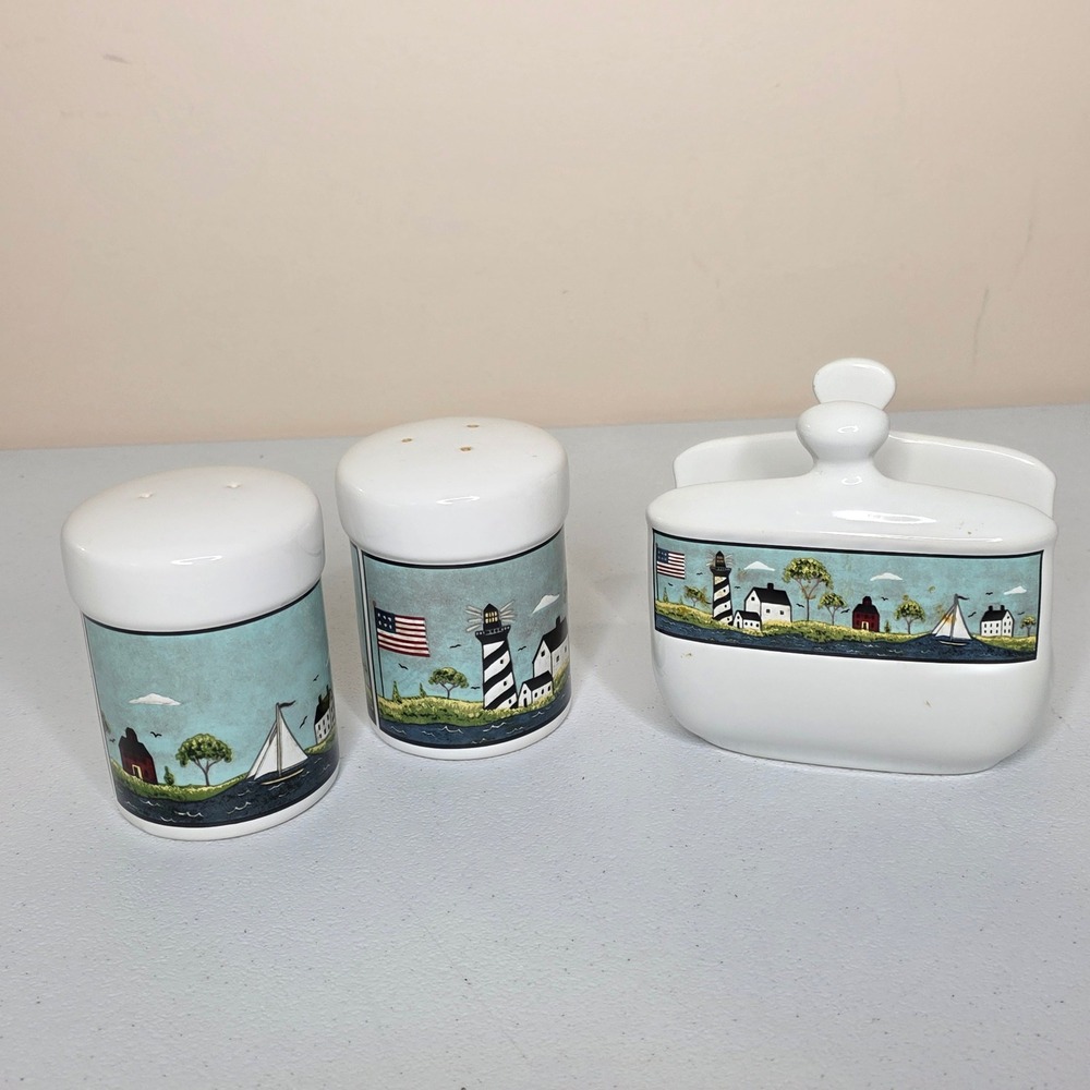 Vintage 1998 Warren Kimble Coastal Breeze Salt Pepper Shakers Napkin Holder Set